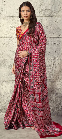 Red and Maroon color Saree in Satin fabric with Printed work