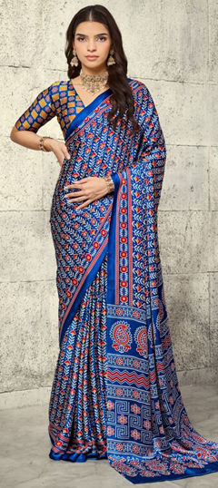 Blue color Saree in Satin fabric with Printed work