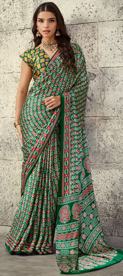 Green color Saree in Satin fabric with Printed work