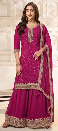Pink and Majenta color Salwar Kameez in Viscose fabric with Embroidered, Sequence, Thread, Zari work