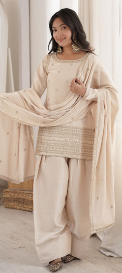 White and Off White color Salwar Kameez in Roman Silk fabric with Embroidered, Sequence, Zari work