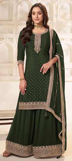 Green color Salwar Kameez in Viscose fabric with Embroidered, Sequence, Thread, Zari work