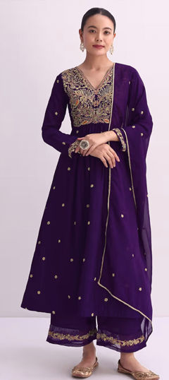 Purple and Violet color Salwar Kameez in Silk fabric with Embroidered, Sequence, Zari work