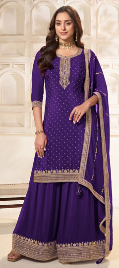 Purple and Violet color Salwar Kameez in Viscose fabric with Embroidered, Sequence, Thread, Zari work