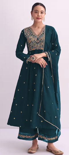 Blue color Salwar Kameez in Silk fabric with Embroidered, Sequence, Zari work