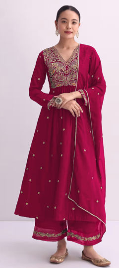 Red and Maroon color Salwar Kameez in Silk fabric with Embroidered, Sequence, Zari work