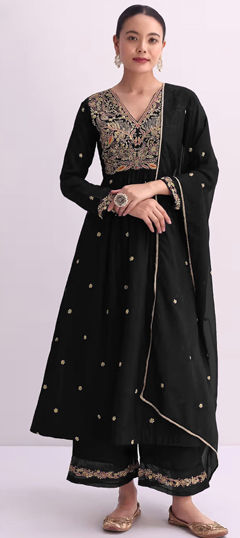 Black and Grey color Salwar Kameez in Silk fabric with Embroidered, Sequence, Zari work