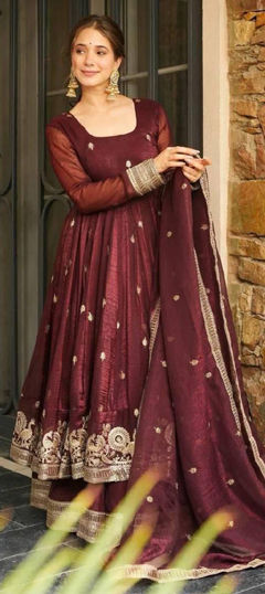 Beige and Brown color Salwar Kameez in Silk fabric with Embroidered work