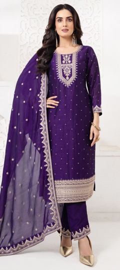 Purple and Violet color Salwar Kameez in Silk fabric with Embroidered work