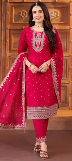 Pink and Majenta color Salwar Kameez in Silk fabric with Embroidered, Sequence, Zari work