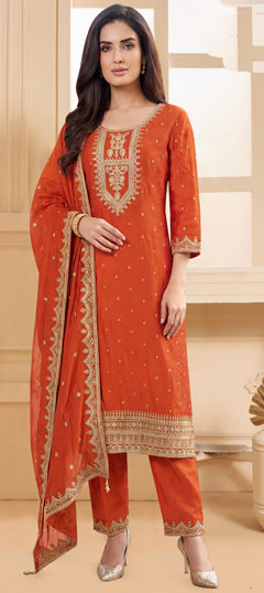 Beige and Brown color Salwar Kameez in Silk fabric with Embroidered, Sequence, Zari work