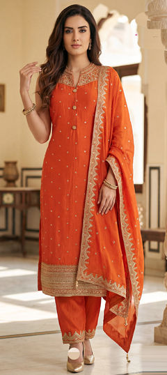 Beige and Brown color Salwar Kameez in Silk fabric with Embroidered, Sequence, Zari work