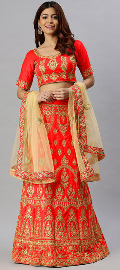 Red and Maroon color Lehenga in Satin fabric with Embroidered, Sequence work
