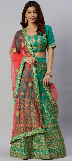 Green color Lehenga in Satin fabric with Embroidered, Sequence work