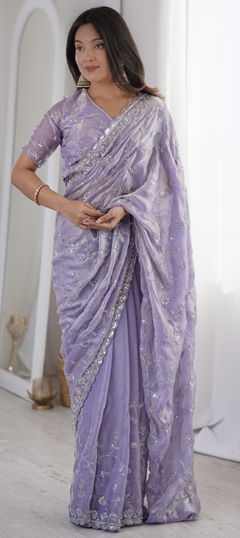 Purple and Violet color Saree in Tissue fabric with Border, Bugle Beads, Cut Dana, Embroidered, Sequence work