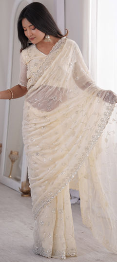White and Off White color Saree in Tissue fabric with Border, Bugle Beads, Cut Dana, Embroidered, Sequence work