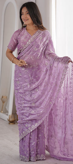 Purple and Violet color Saree in Tissue fabric with Border, Bugle Beads, Cut Dana, Embroidered, Sequence work