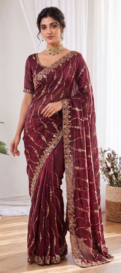 Red and Maroon color Saree in Silk fabric with Cut Dana, Sequence work