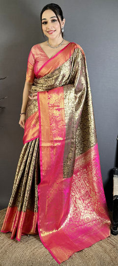 Beige and Brown color Saree in Kanjeevaram Silk fabric with Weaving, Zari work
