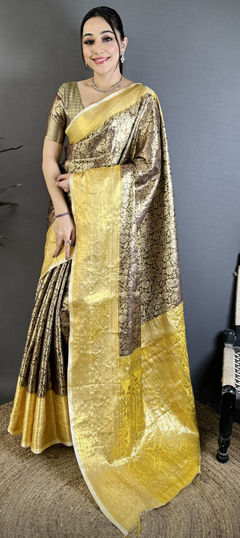 Beige and Brown color Saree in Kanjeevaram Silk fabric with Weaving, Zari work