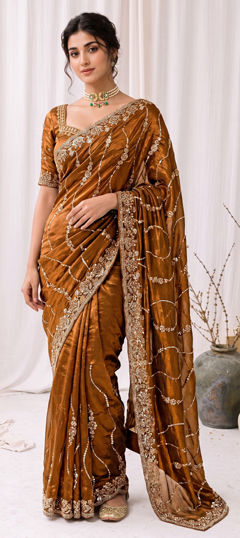 Gold color Saree in Silk fabric with Cut Dana, Sequence work