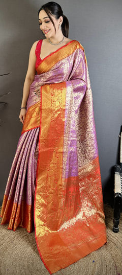 Purple and Violet color Saree in Kanjeevaram Silk fabric with Weaving, Zari work