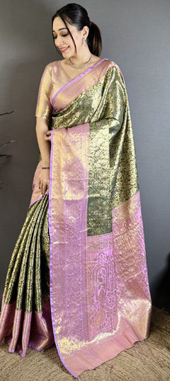 Green color Saree in Kanjeevaram Silk fabric with Weaving, Zari work