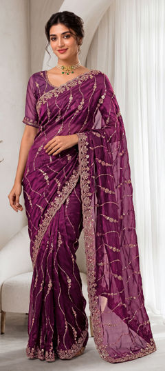 Purple and Violet color Saree in Silk fabric with Cut Dana, Sequence work