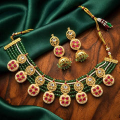Gold Rodium Polish Green color Necklace in Metal Alloy studded with CZ Diamond, Pearl