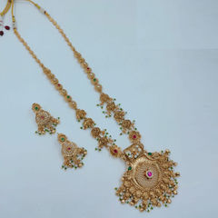 Gold Rodium Polish Green color Necklace in Copper studded with CZ Diamond
