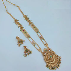 Gold Rodium Polish Green color Necklace in Copper studded with CZ Diamond