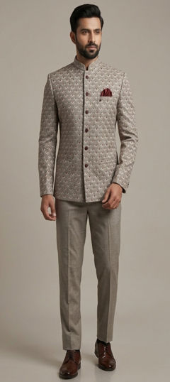 Black and Grey color Jodhpuri Suit in Silk fabric with Embroidered, Sequence, Thread work