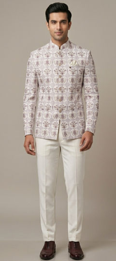 White and Off White color Jodhpuri Suit in Silk fabric with Embroidered, Sequence, Thread work