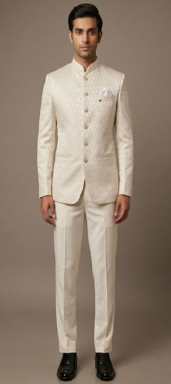 White and Off White color Jodhpuri Suit in Silk fabric with Embroidered, Thread work