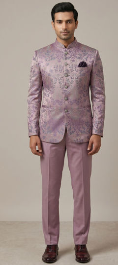 Purple and Violet color Jodhpuri Suit in Silk fabric with Thread work