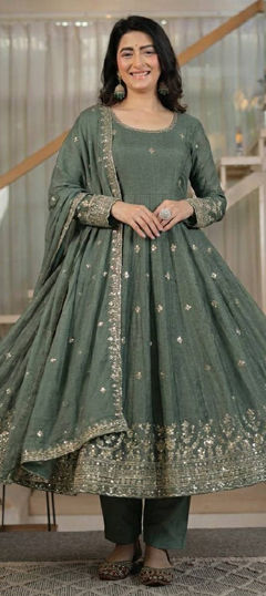 Black and Grey color Salwar Kameez in Crushed Silk fabric with Embroidered, Sequence work