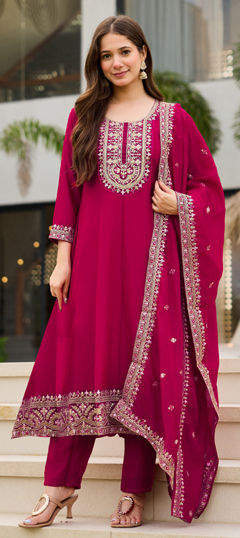 Pink and Majenta color Salwar Kameez in Silk fabric with Embroidered work