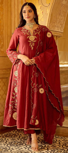 Red and Maroon color Salwar Kameez in Chanderi Silk fabric with Embroidered, Thread work