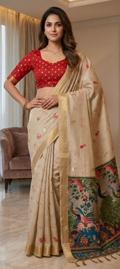 White and Off White color Saree in Silk cotton fabric with Printed work