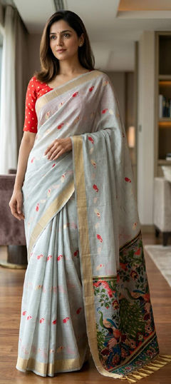 Black and Grey color Saree in Silk cotton fabric with Printed work