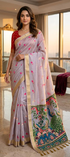Purple and Violet color Saree in Silk cotton fabric with Printed work