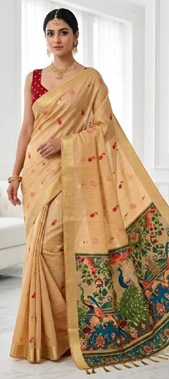 Orange color Saree in Silk cotton fabric with Printed work