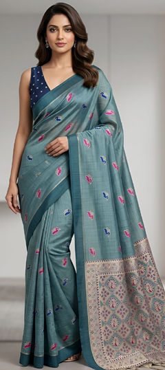 Blue color Saree in Silk cotton fabric with Weaving work