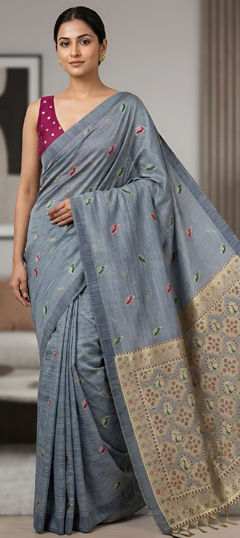 Black and Grey color Saree in Silk cotton fabric with Weaving work