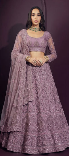 Purple and Violet color Lehenga in Net fabric with Embroidered, Sequence work