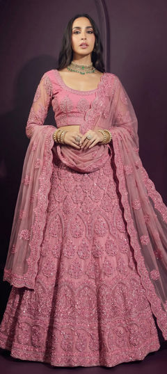 Pink and Majenta color Lehenga in Net fabric with Embroidered, Sequence work