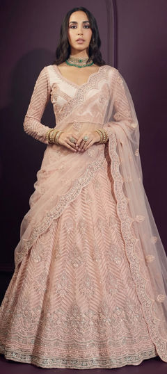 Pink and Majenta color Lehenga in Net fabric with Embroidered, Sequence work