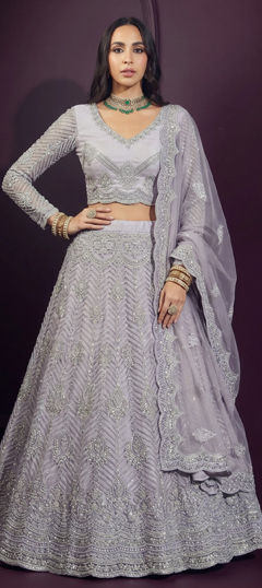 Purple and Violet color Lehenga in Net fabric with Embroidered, Sequence work