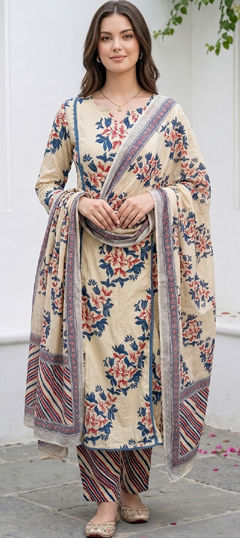 Beige and Brown color Salwar Kameez in Cotton fabric with Embroidered, Floral, Printed work