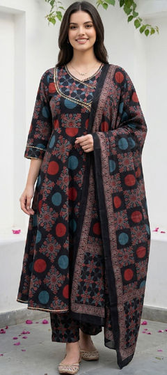 Black and Grey color Salwar Kameez in Cotton fabric with Embroidered, Floral, Printed work